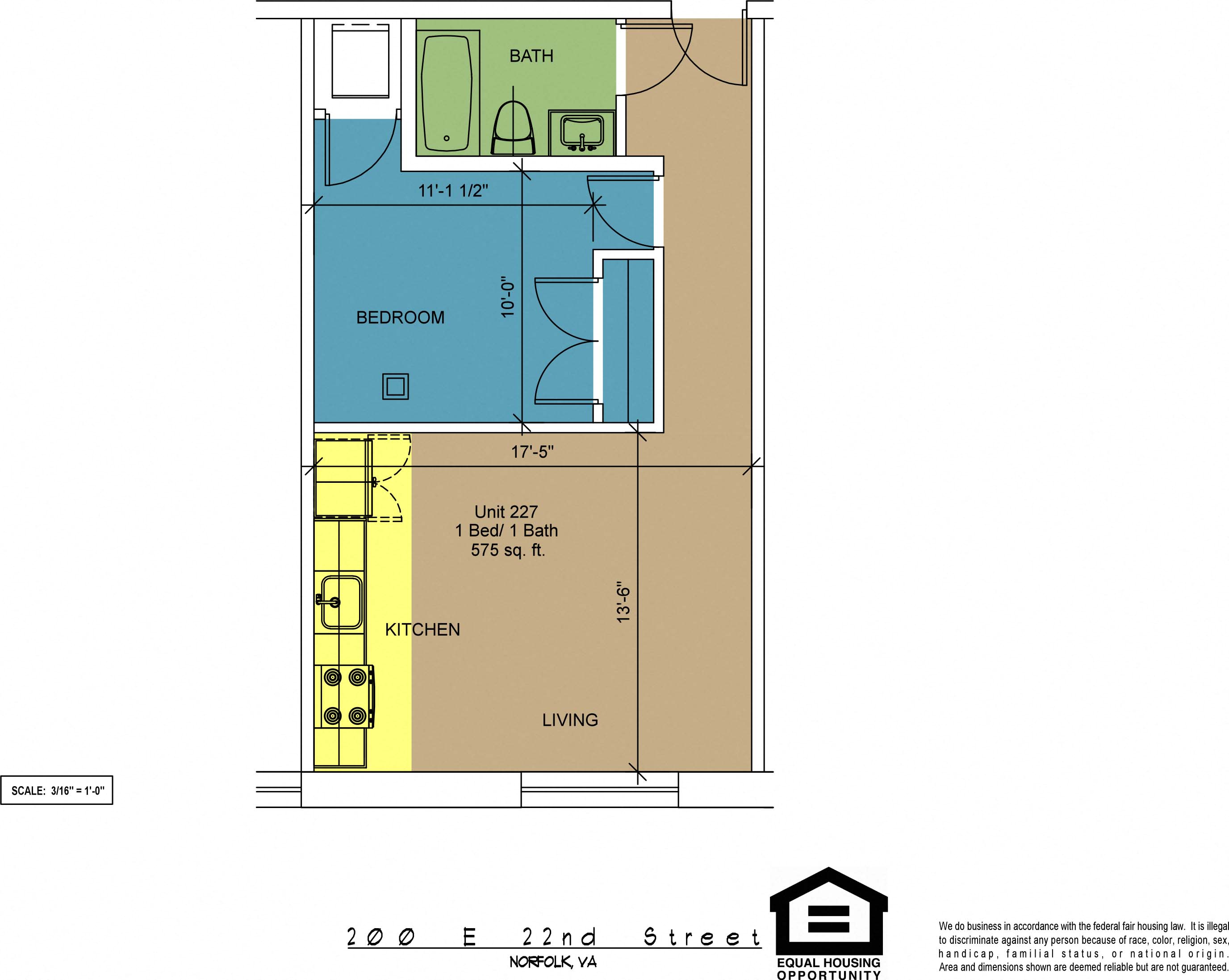 Floor plan for 1 bed, 1 bath, 575 sqft